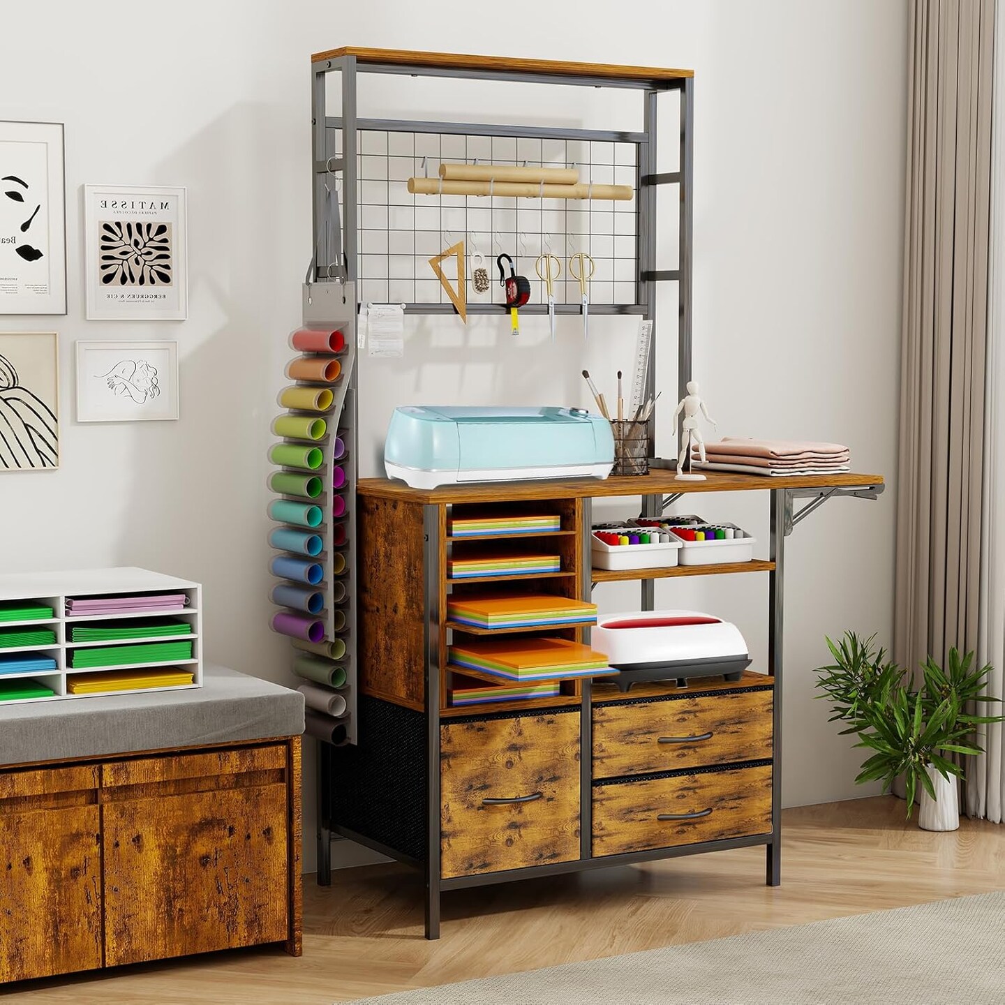 ELECWISH Craft Organizers and Storage Cabinet Brown Craft Table with Drawer Sewing Table with Fold Out Craft Desk for Vinyl Roll Holder for Craft Room