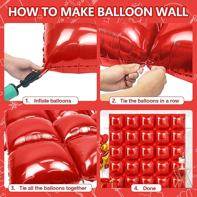 25PCS Red Square Foil Balloons Wall Backdrop Metallic Double Sided Red Christmas Balloon Tunnel Arch Kit for Christmas Birthday Baby Shower Valentine‘s Day Party Decoration