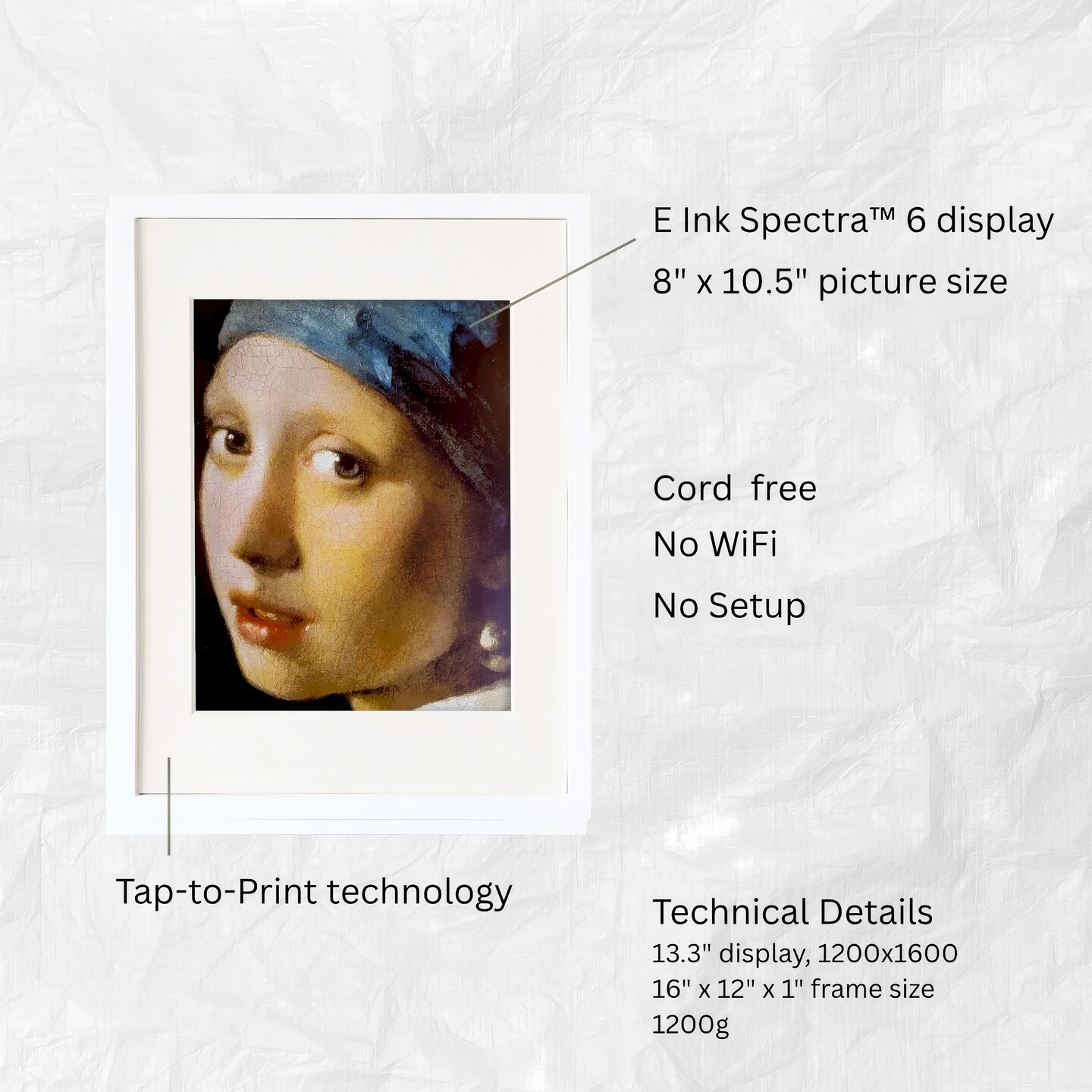 Reflection Frame 13.3 Inch ePaper Display Cordless e-ink Digital Photo Frame, Tap-to-Print Technology, Wall Art Frame for Any Place and Everyone