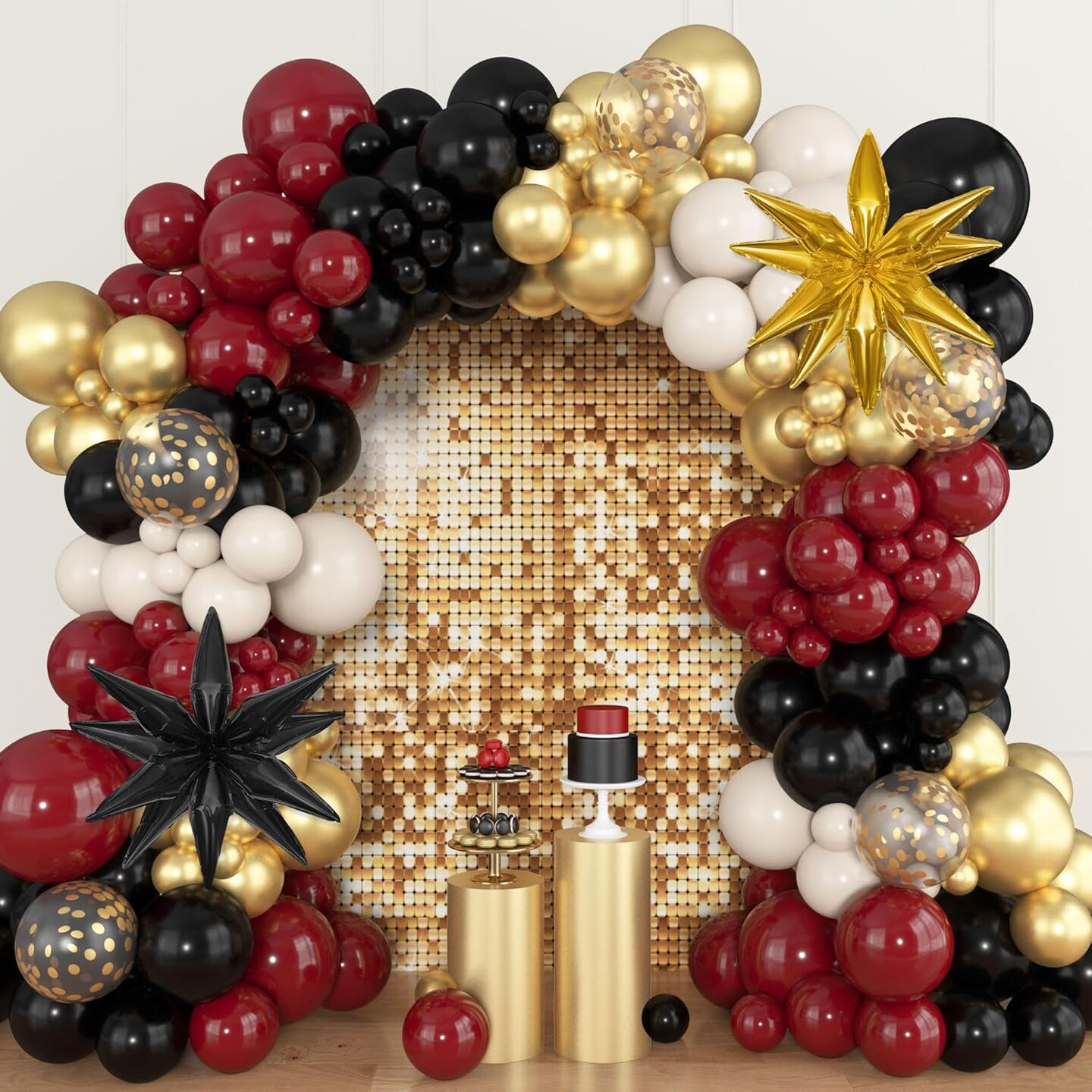 145Pcs Burgundy and Gold Graduation Balloon Arch Kit - Maroon Black and Gold Garland with Star Foils & Confetti Balloons - Class of 2026 Party Decorations for College and High School