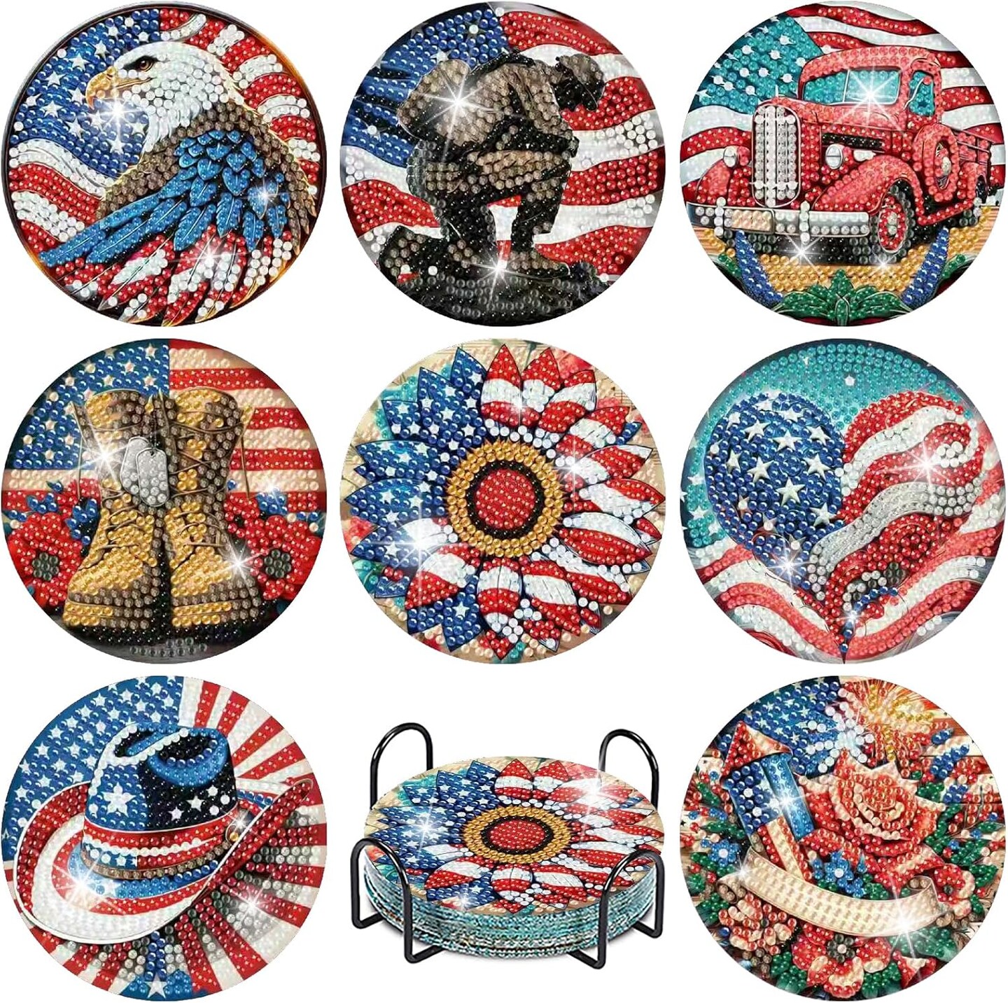 Independence Day Diamond Art Coasters Kit 8 Pieces DIY 5D Patriotic Diamond Painting Coasters with Holder Set for Home Decor & Beginners Craft Kit