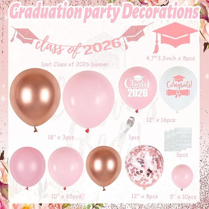 Graduation Balloon Arch Kit 2026 Pink, 18" 10" 5" Pink Rose Gold Balloons with Class of 2026 Banner for Congrats Grad Decorations College High School Graduation Party Decorations