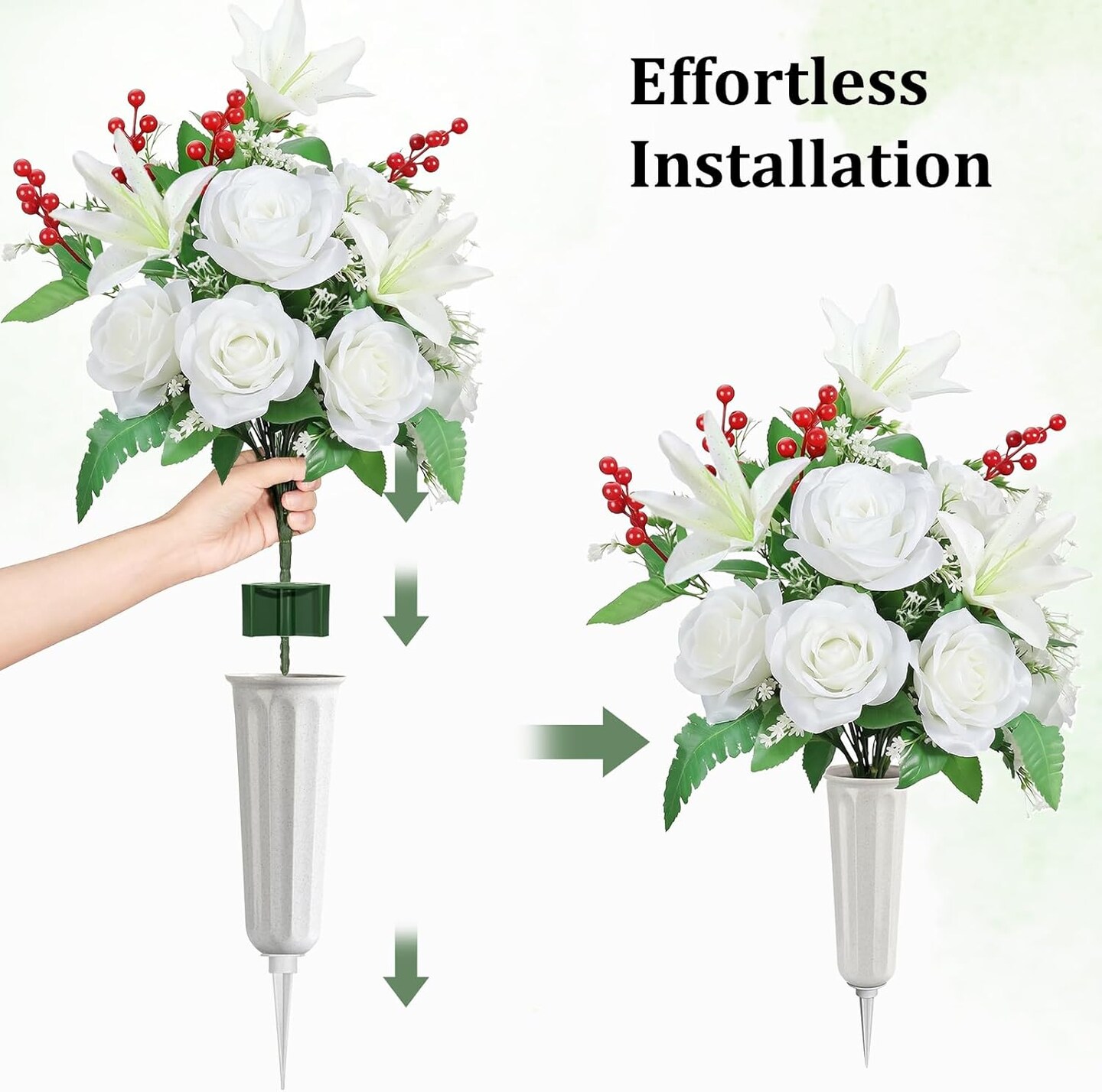 White Artificial Cemetery Flowers for Graveside - Set of 2 Large Rose and Lily Memorial Bouquets with Vases - 19.7" UV Resistant Grave Decorations for Outdoors - Funeral & Memorial Day Flowers