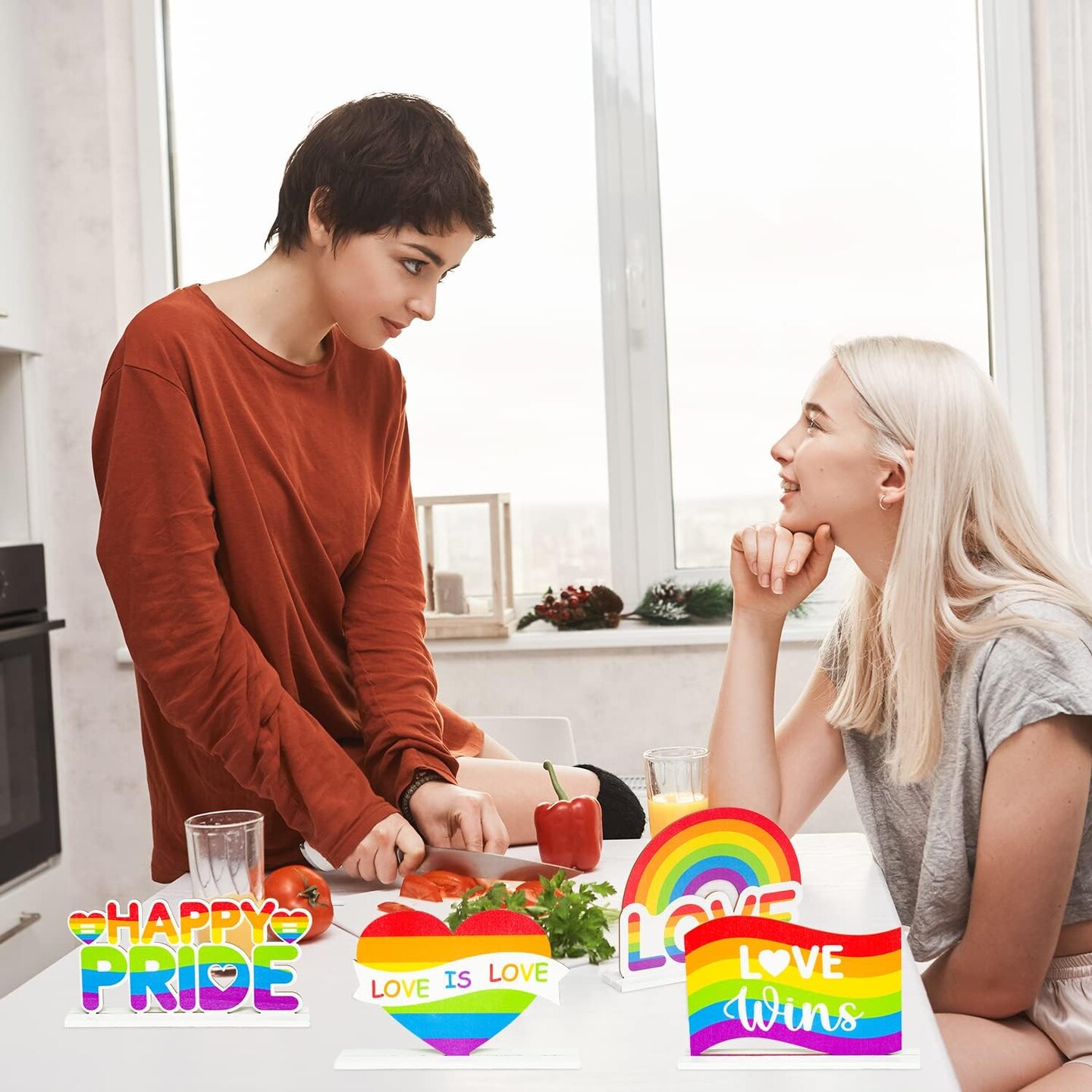 4-Piece Rainbow Pride Wooden Tabletop Centerpiece Set – LGBTQ Love is Love Tiered Tray & Home Party Decorations, Detachable Wood Signs for Pride Month