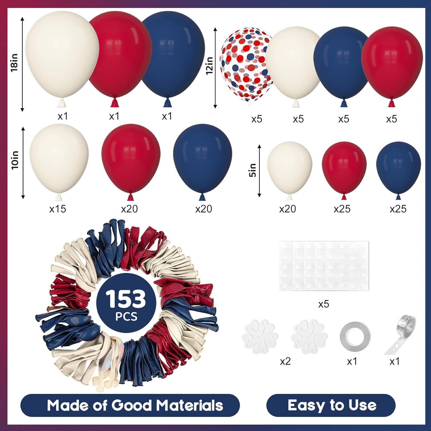 153PCS Red White and Blue Balloon Arch Kit – Patriotic 4th of July Balloons with Multiple Sizes for Memorial Day, Independence Day, Veterans Day, Graduation & USA Theme Party Decorations