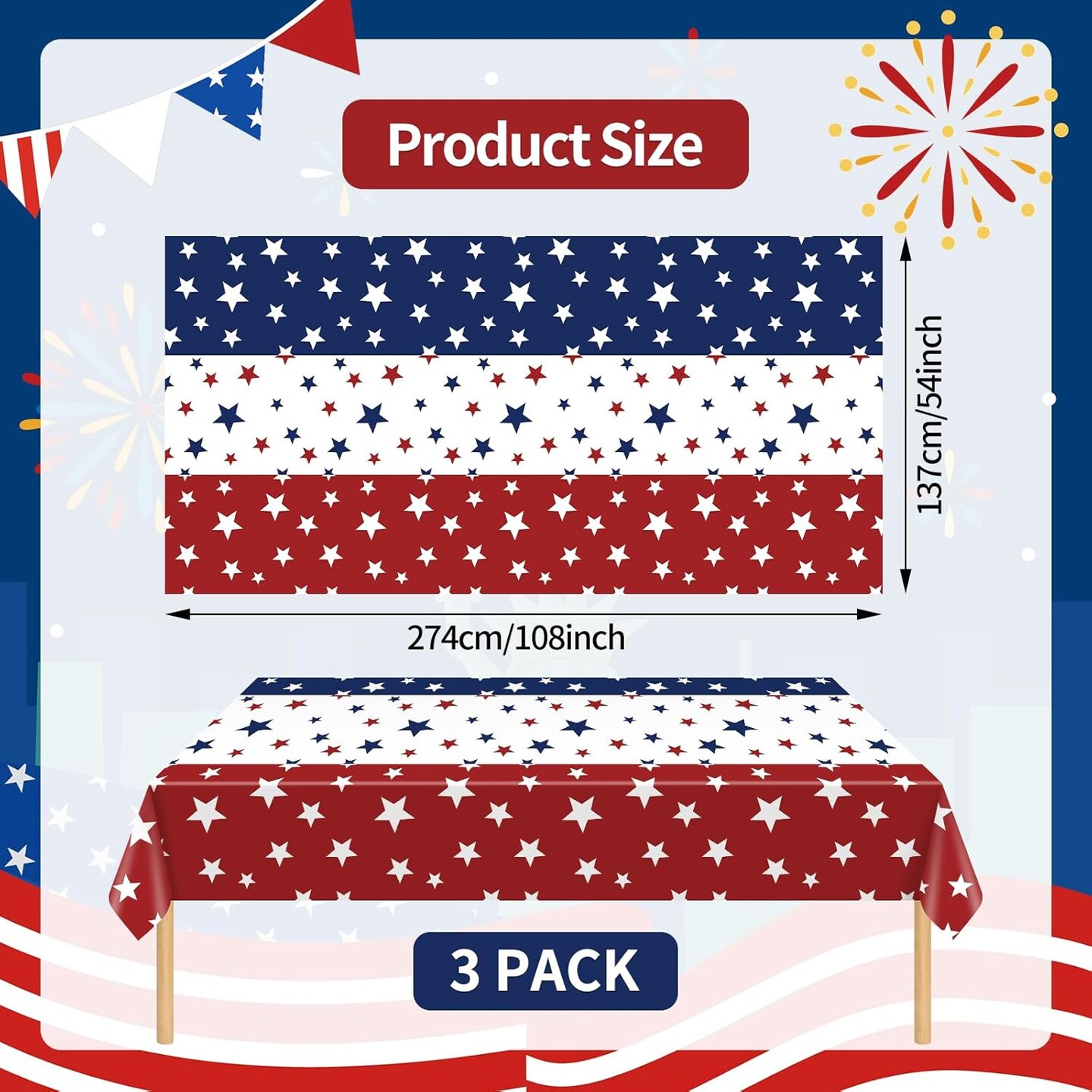 3 Pack Patriotic Plastic Tablecloth – 54 x 108 Inch Red, White & Blue Stars Disposable Rectangle Table Cover for 4th of July, Memorial Day & Independence Day Decorations