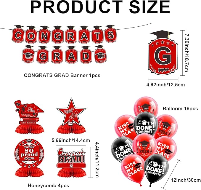 2026 Graduation Decorations Set- Class of 2026 Grad Party Decorations, Congrats Grad Banner, Backdrop, Grad Hanging Swirl, Balloons and Honeycomb Table Toppers, Graduation Party Supplies
