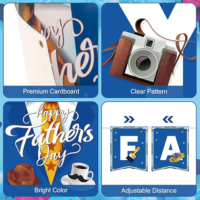 Happy Fathers Day Banner, Father's Day Banners, Blue Happy Daddy Day Sign Bunting Banner Garland for Fathers Day Home, Office, Fireplace, Wall Decor and Party Decorations Supplies Favors Props