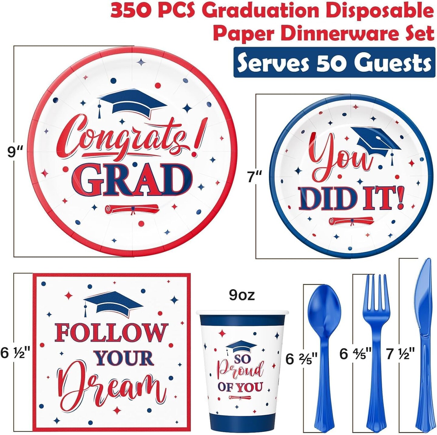 Graduation Decorations Class of 2026, 350 PCS Graduation Party Supplies College High School Grad Decor Disposable Dinnerware (Serve 50) Paper Plates Cup Napkin Fork Knife Spoon (Red & Blue)