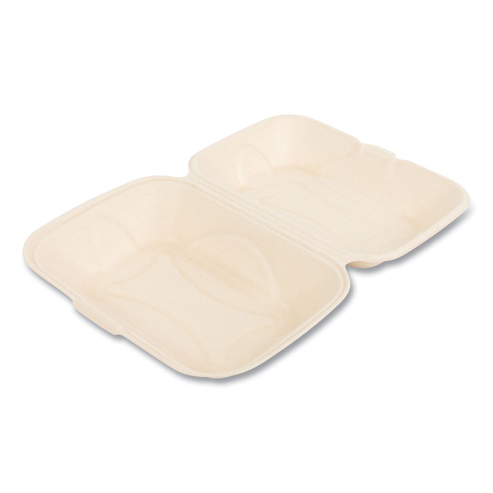 Boardwalk 6 in. x 3 in. x 9 in. Bagasse PFAS-Free Hinged Lid Food Containers - Tan (250/Carton)