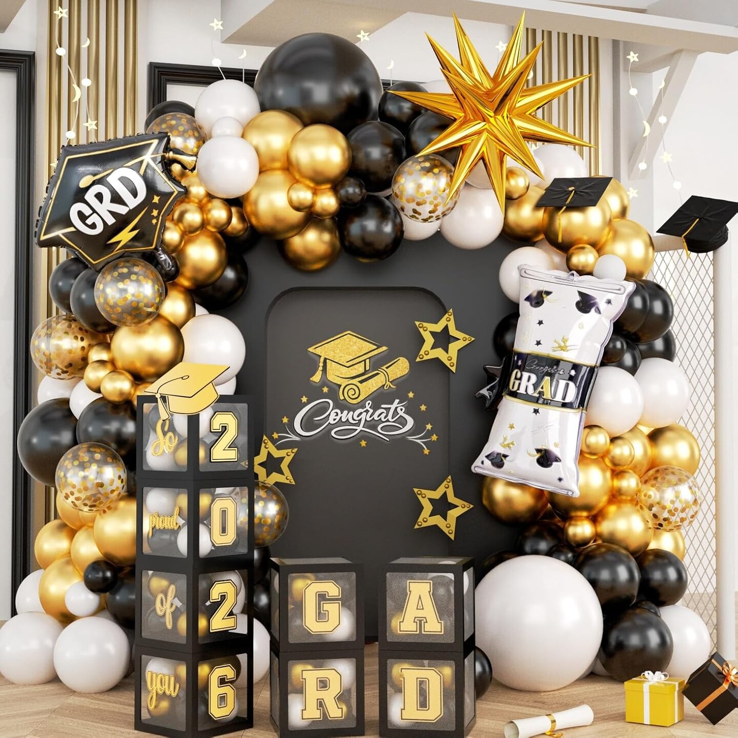 Gold & Black Graduation Balloon Arch & Box Set 2026 – 85-Piece Congrats Grad Decorations with Foil & Latex Balloons, Graduation Cap, Diploma, Star Balloons for High School, College, and PhD Party