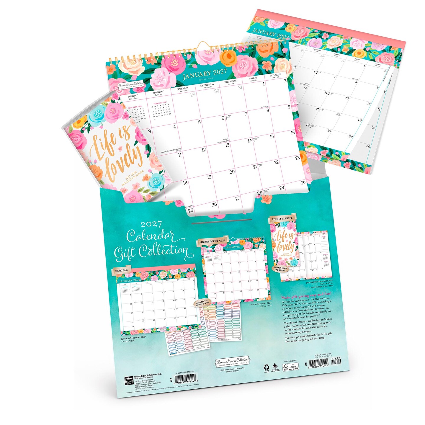 Bonnie Marcus OFFICIAL 2027 Gift Collection | Desk Pad & Wire-O Calendar & Pocket Planner | Sticker Sheet | Foil Stamped Cover