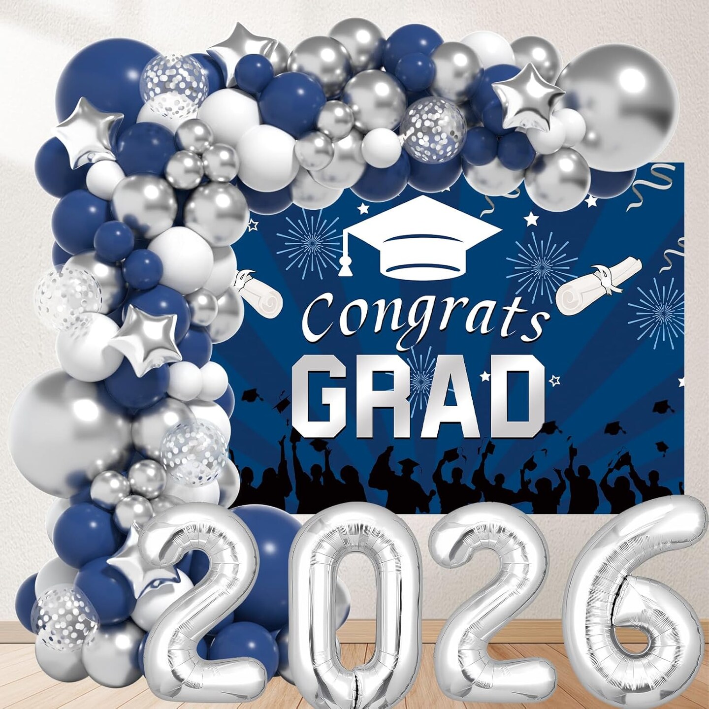 Graduation Decorations Class Of 2026: Navy Blue and Silver Graduation Decorations 2026 Graduation Balloons Arch Kit Congrats Grad Backdrop Party Supplies for High School & College Celebrations