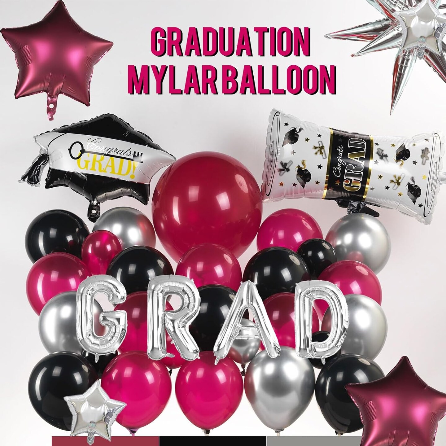 130 Pcs Maroon Black Silver Balloon Arch Kit with GRAD Letters & Graduation Cap Foil Balloons, Star Accents for Senior Night Decorations, Class of 2026 Prom & Party Supplies