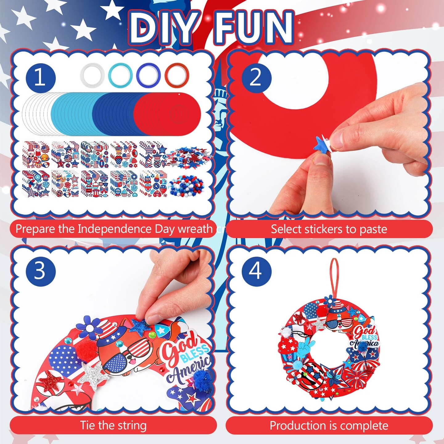 48 Sets Patriotic Wreath Craft Kit DIY 4th of July Paper Crafts American Craft DIY Wreath Hanging Ornaments Decor for 250th Anniversary Memorial Independence Day Art Activity Home Supplies