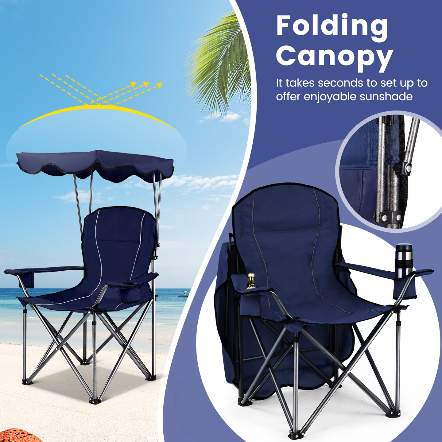 Outdoor Chair with Built In Canopy Sun Shade 600D Fabric Folding Camping Chair with Armrests and Cup Holders