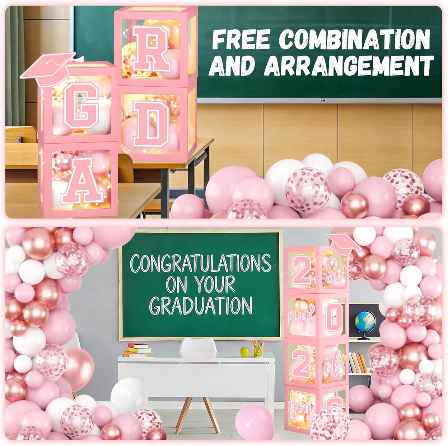 2026 Graduation Party Decorations Class of 2026 Balloon Boxes with Letters 2026 Grad & So Proud of You Congrats Grad Party Decorations 117pcs Balloons for Any Grades Class Grad Party (Pink)