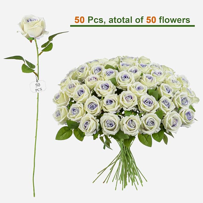 Artificial Flowers Roses Touch Fake Rose Bouquet Flower Stem for Wedding Centerpieces DIY Wreath Home Decorations Silk Roses Mothers Party Fake Outdoor Flowers Decor (Purple Heart 50PCS)