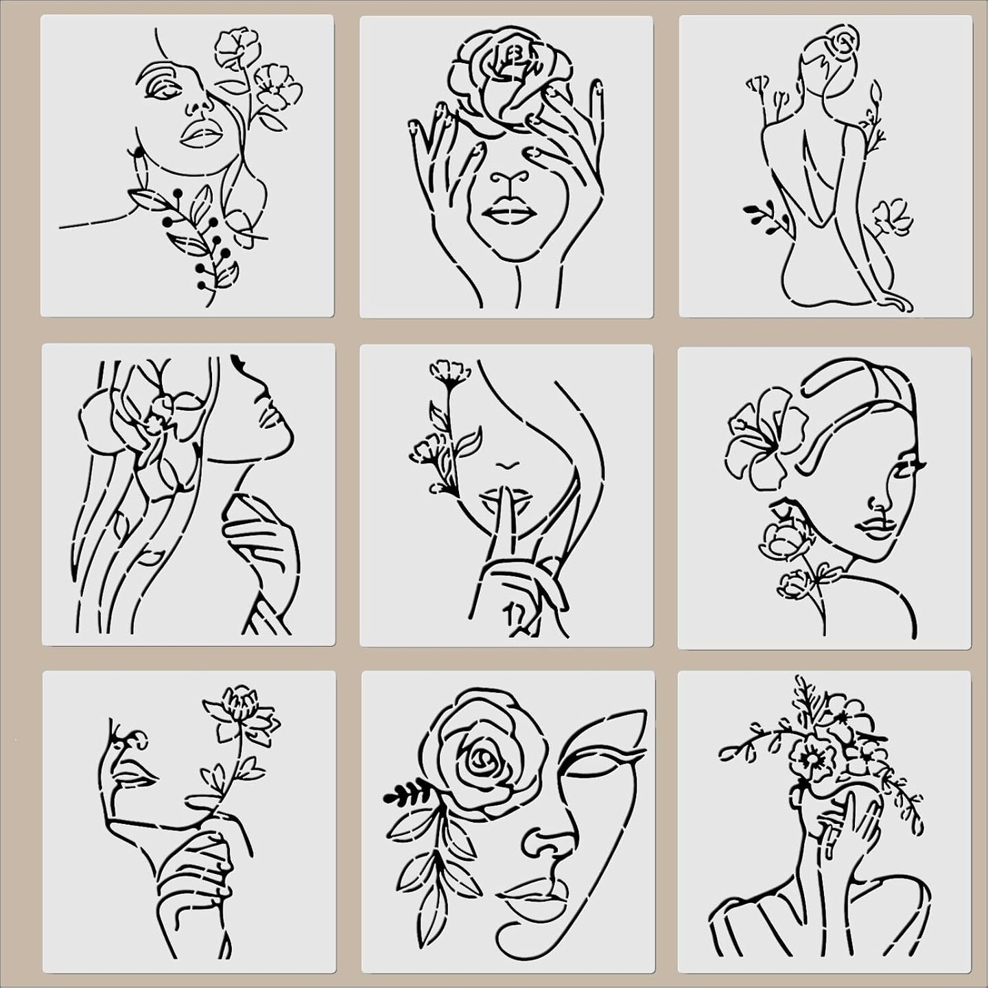9PCS 11.8x11.8inch Modern Minimalist Abstract Women Stencil, Floral Female Face Pattern PET Large Stencils Reusable Template for Painting on Wood Wall Canvas