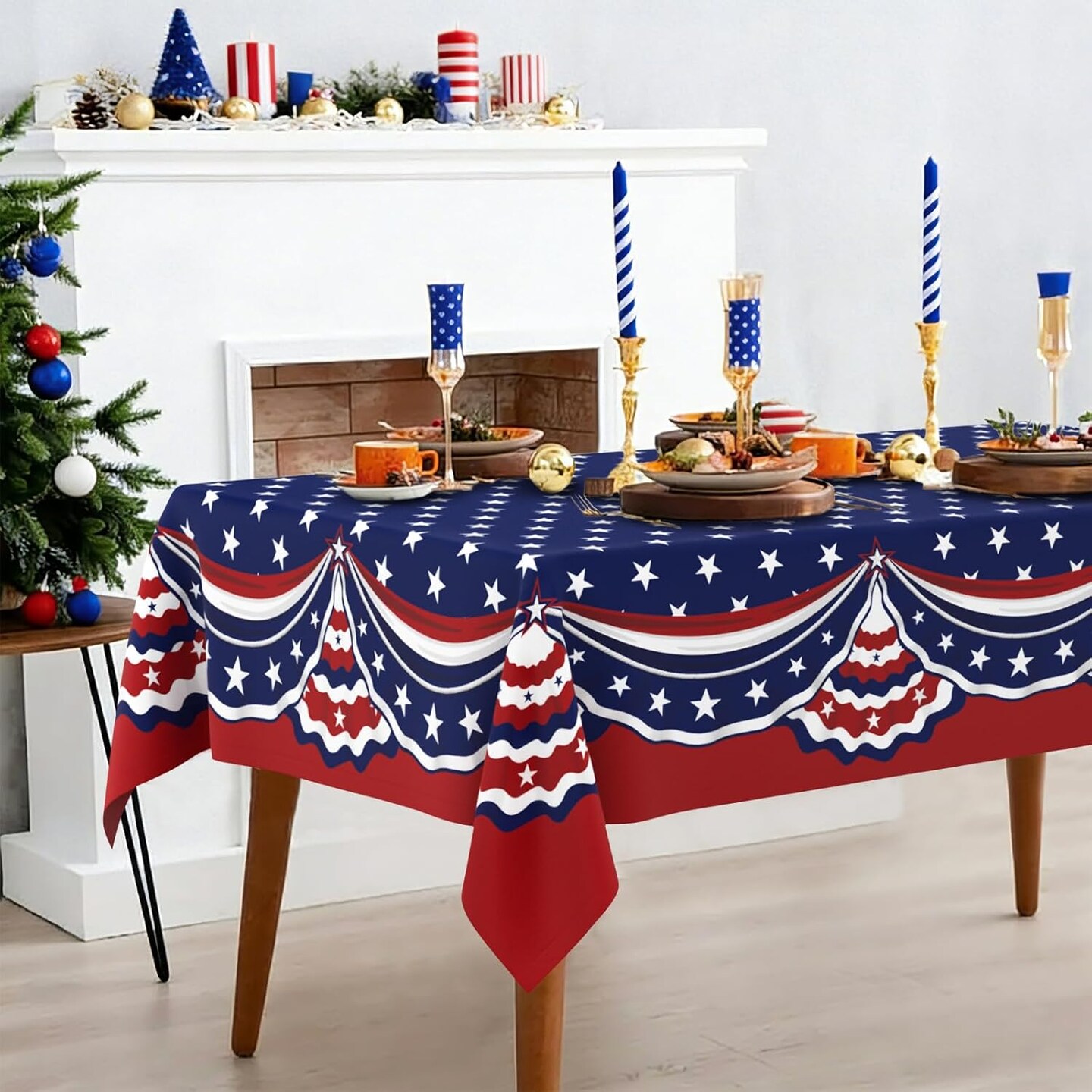 Rectangle 4th of July Patriotic Tablecloth – 60” x 84” Polyester Waterproof Wrinkle-Resistant Red, White & Blue Table Cover for Independence Day, Memorial Day & Holiday Party Decorations