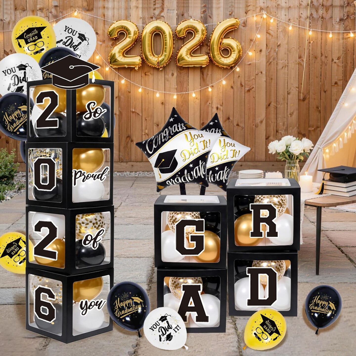 Graduation Party Decoration Class of 2026, 89PCS Black and Gold Graduation Decorations-Balloons Boxes with Letters, Foil Fringe Curtain Backdrop, Complete Graduation Party Supplies for Any Grades