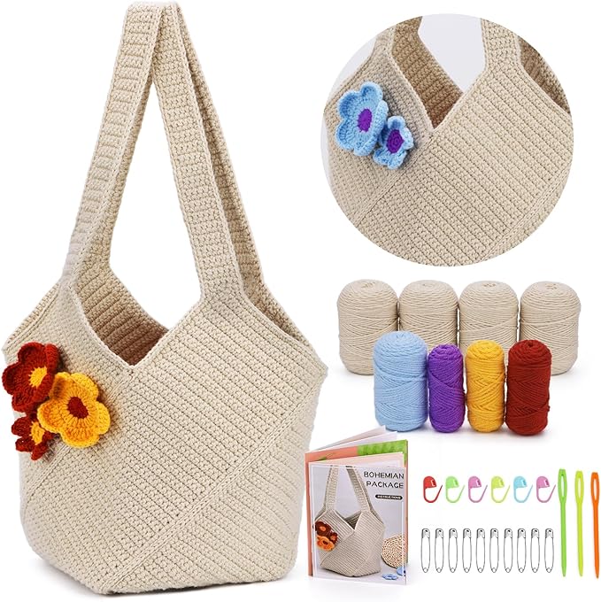 Crochet Bag Kit for Beginners Complete Starter Set with Yarn, Hook & Step-by-Step Video Tutorials DIY Shoulder Bag Crafting Gift for Adults (Beige)