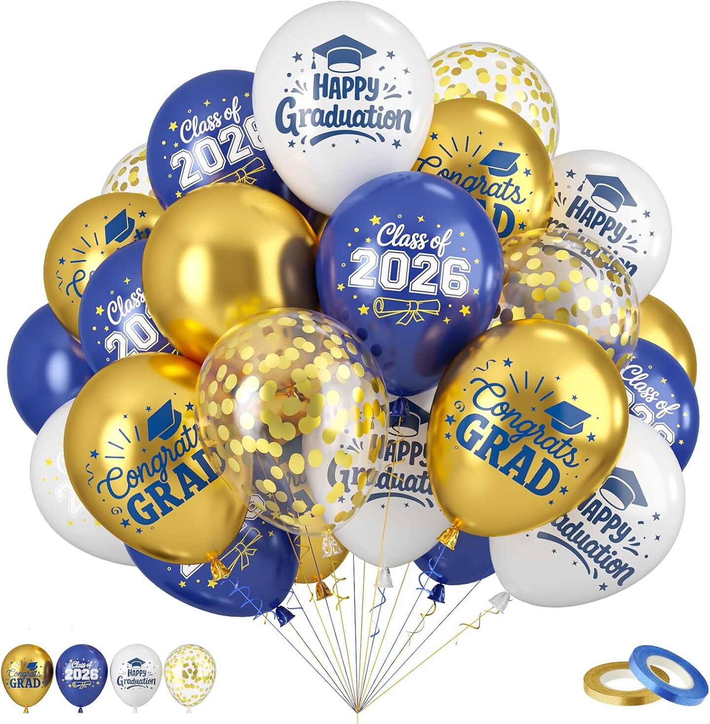 Navy Blue and Gold GRAD 2026 Graduation Balloons, Navy Blue Congrats GRAD Class of 2026 Printed Balloons Graduation Celebration Party Supplies Decorations