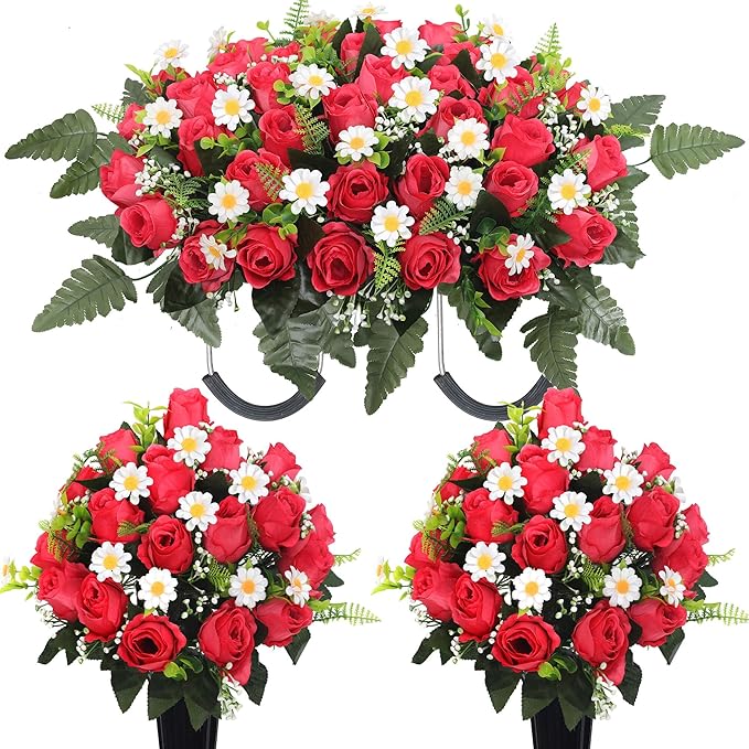 3Sets Cemetery Decorations for Grave Large Headstone Flower Saddle Grave Silk Flowers with Vases for Outdoor Grave Decoration(Red)