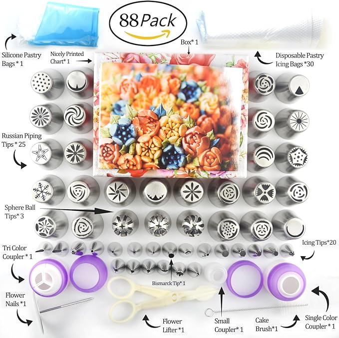 88Pcs Russian Piping Tips Cake Decorating Kit - Complete Flower Icing & Frosting Nozzles Set | Stainless Steel Pastry Baking Tools with Disposable Bags, Tri-Couplers, Sphere Ball Tips for Cupcakes