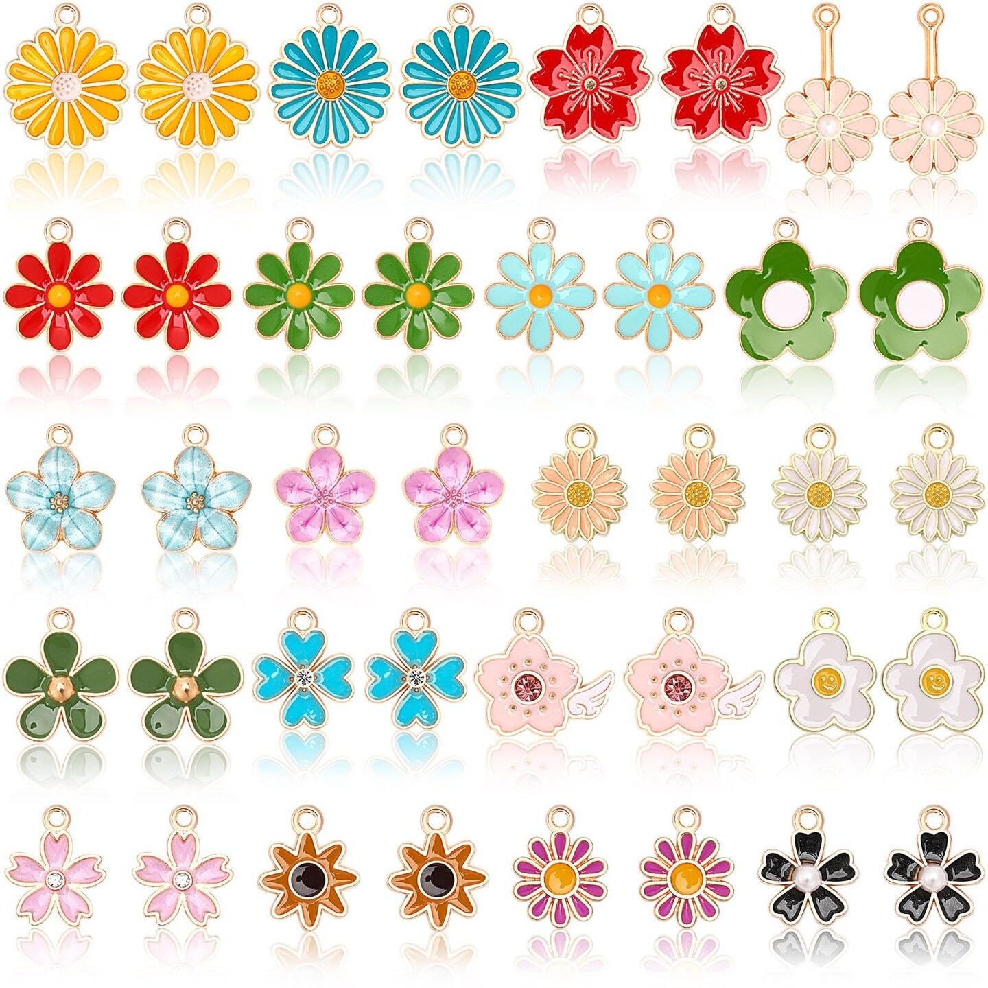 40 Pcs/20 Pairs Flower Charms for Jewelry Making Spring Summer Floral Themed Charms Assorted Gold Enamel Charm Pendants for Earrings Necklace Bracelet Making Accessories Gift for Mom Women