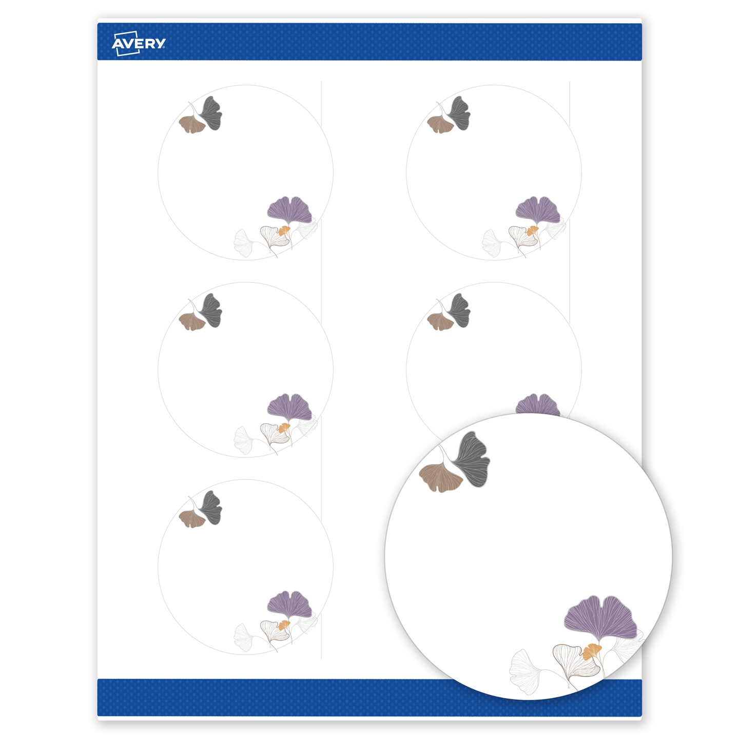 Avery Printable Round Labels with Sure Feed Technology, Pre-Printed Silver Metallic with Gingko Leaves Design, Matte White, 3" Diameter, Laser & Inkjet Compatible, 60 Total