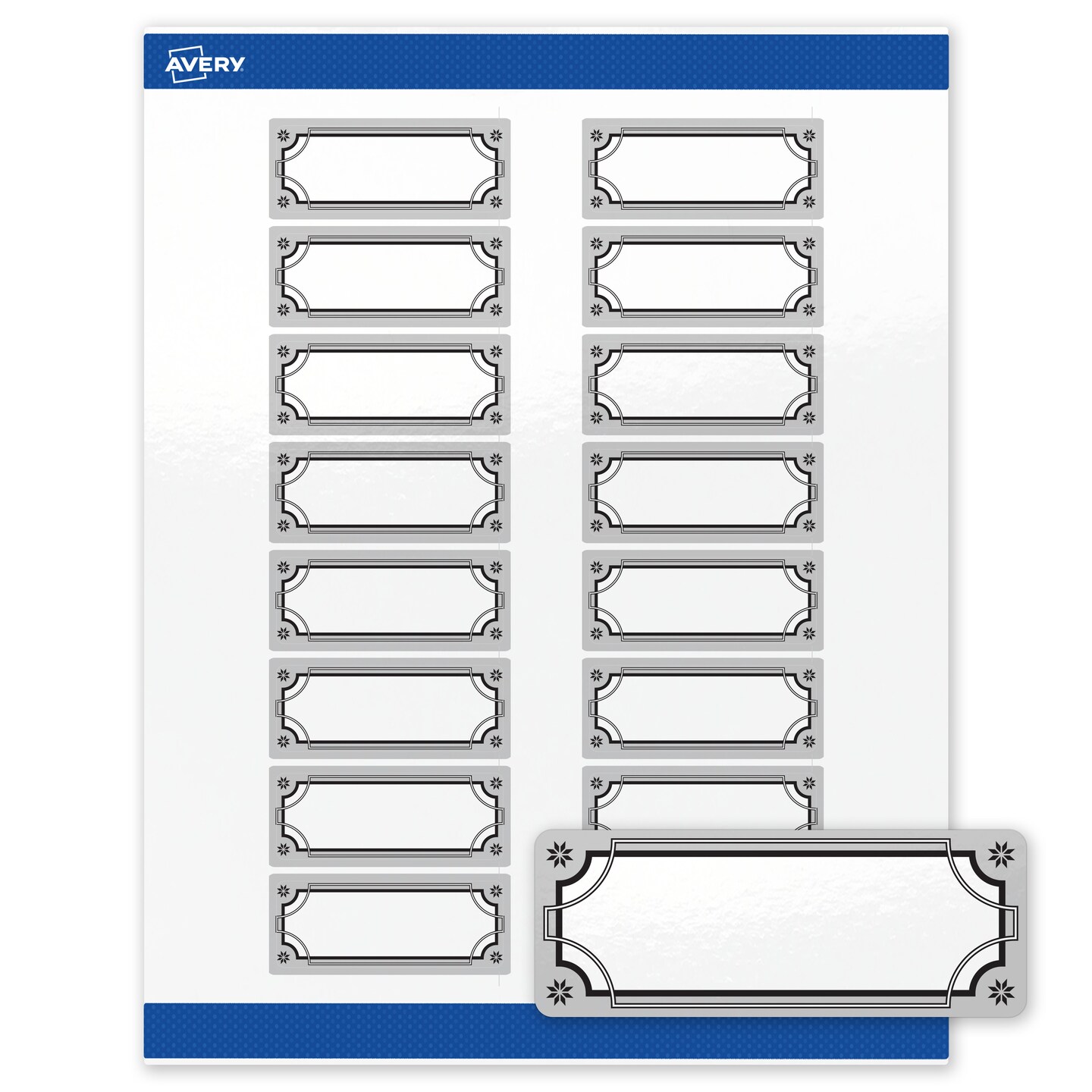 Avery Printable Rectangle Labels, 1" x 2-5/8", Glossy White, Pre-printed Metallic Silver Border/Black Frame Design, Sure Feed Technology, Laser & Inkjet Compatible, 320 Total