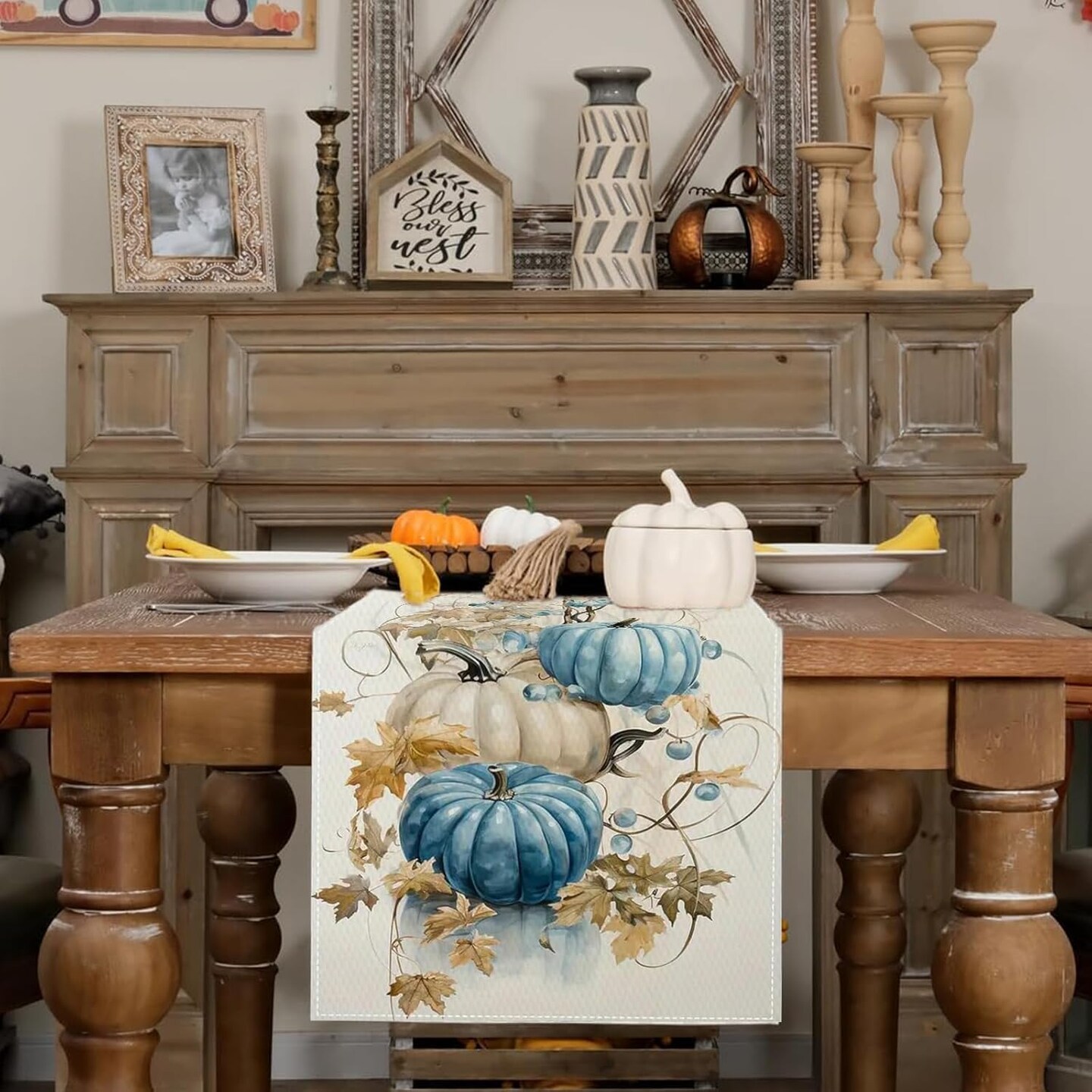 Linen Halloween Pumpkin Table Runner – Seasonal Fall Vine Harvest Dining & Kitchen Décor, 13 x 72 Inch