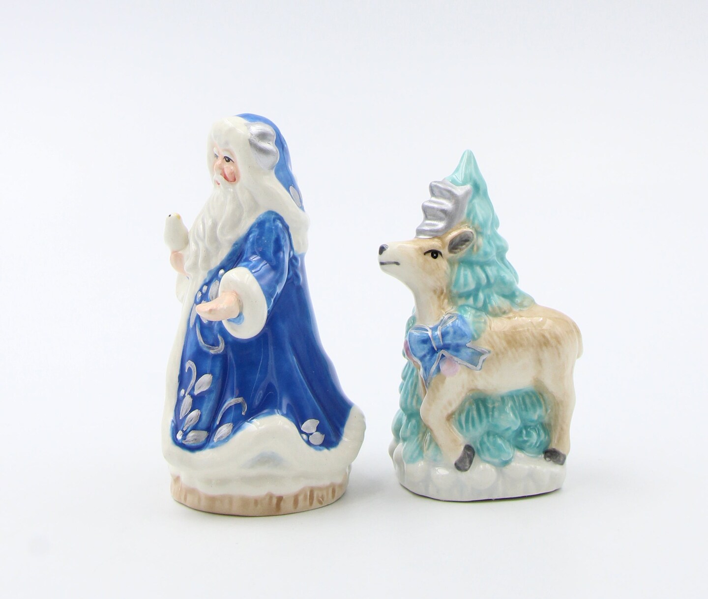 Hand Painted Ceramic Blue Santa Claus with Reindeer &#x26; Tree Salt and Pepper Shakers, Home D&#xE9;cor, Gift for Her, Gift for Mom, Kitchen D&#xE9;cor