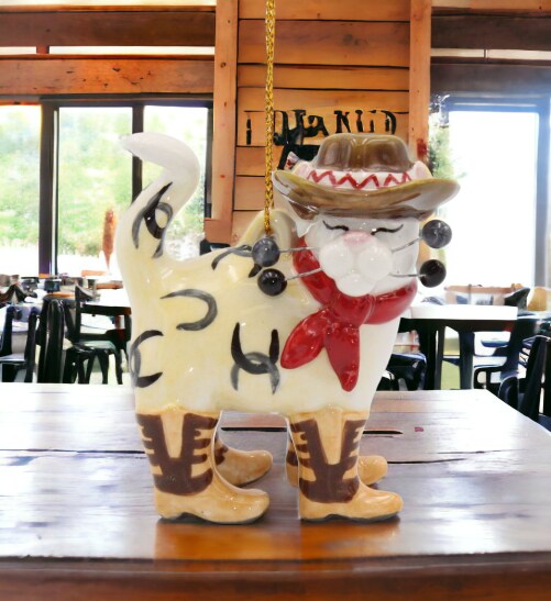 Ceramic Cowboy Cat Ornament, Home D&#xE9;cor, Gift for Her, Gift for Mom, Gift for Cowboy, Cowgirl,  Cat Lovers Gift, Pet Loss Gift