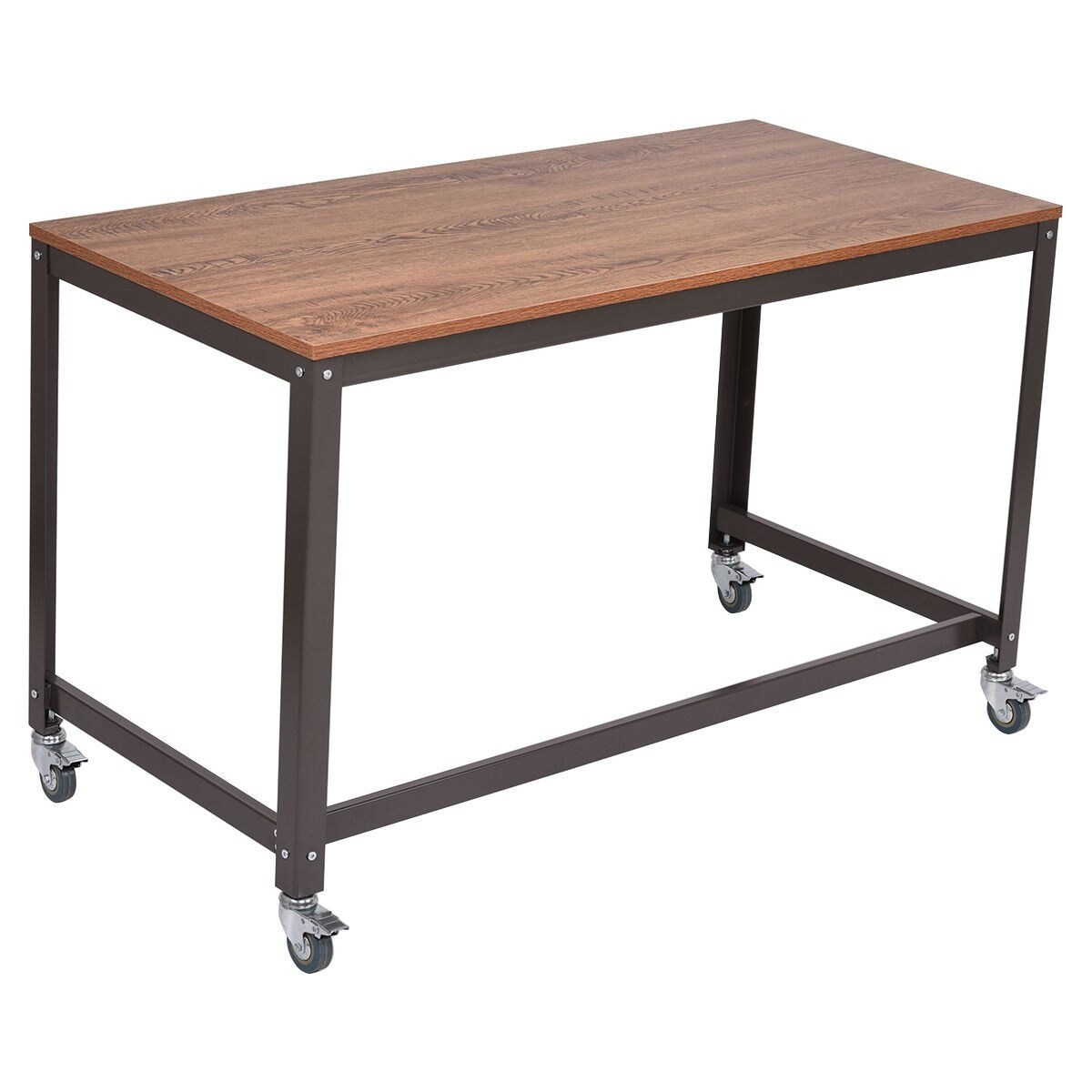 Black-Brown Modern Computer Desk with Locking Wheels and Steel Frame