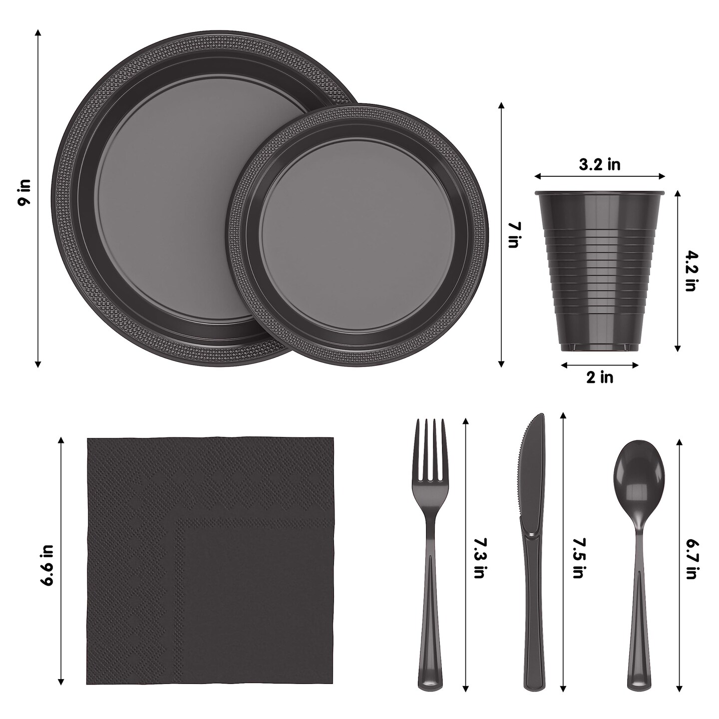 Exquisite 350 Pcs Plastic Plates for Party &#x2013; Disposable Plates Set &#x2013; 50 Each of 9&#x22; Dinner Plates, 7&#x22; Dessert Plates, Plastic Cups, Napkins &#x26; Plastic Cutlery &#x2013; Plastic Dinnerware by Party Solids