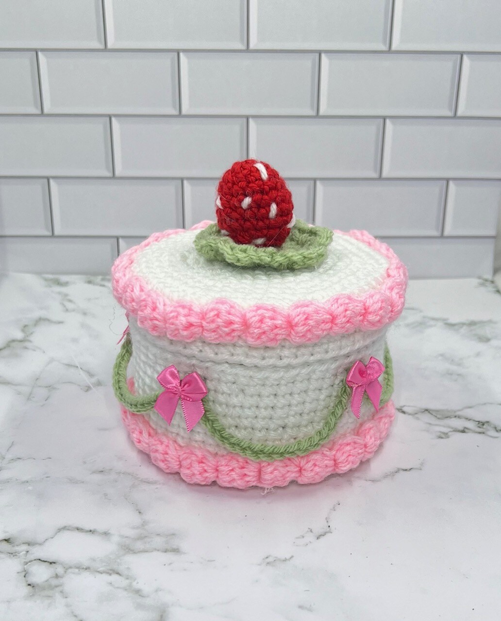 Strawberry Cake Crochet Trinket Box | Handmade Wooden Keepsake