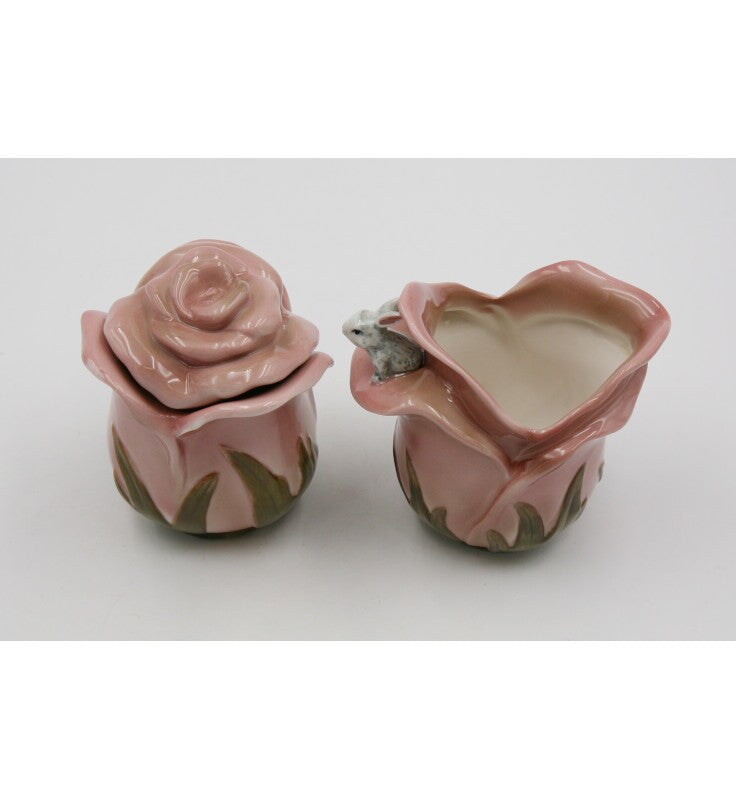 Ceramic Pink Rose Flowers with Bunny Rabbit Sugar and Creamer Set, Home Décor, Gift for Her, Kitchen Décor, Spring Décor, Easter Décor