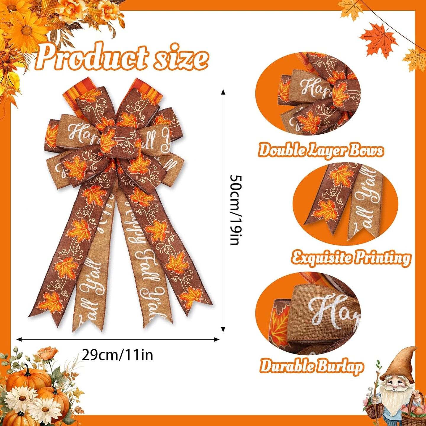 Large Fall Bows for Wreath 20x11 Inch, 2 Pack Pre-Tied Thanksgiving Wired Ribbon, Decorative Autumn Tree Topper Bow for Front Door Indoor Outdoor Harvest Decorations (Flaxen, Maple)