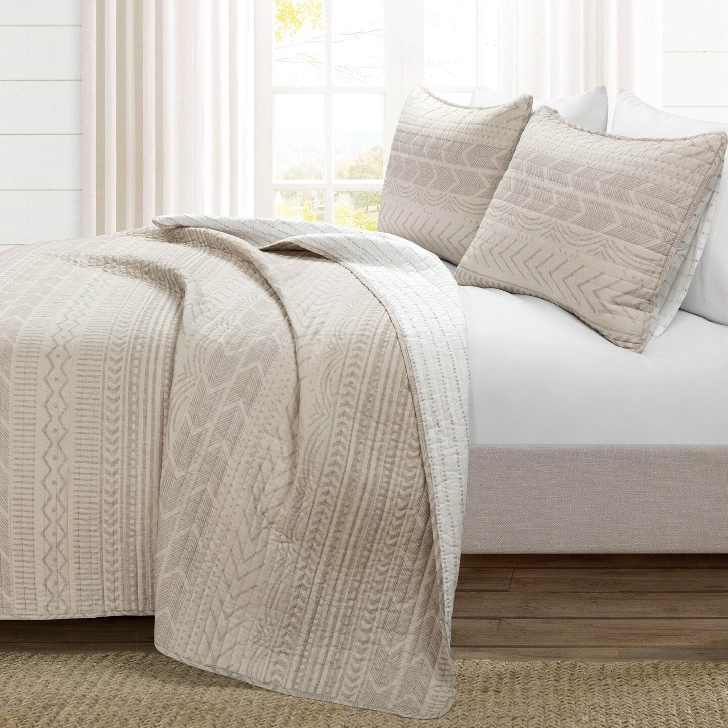 King Scandinavian Beige Tan Cotton Quilt Set Reversible 3 Piece