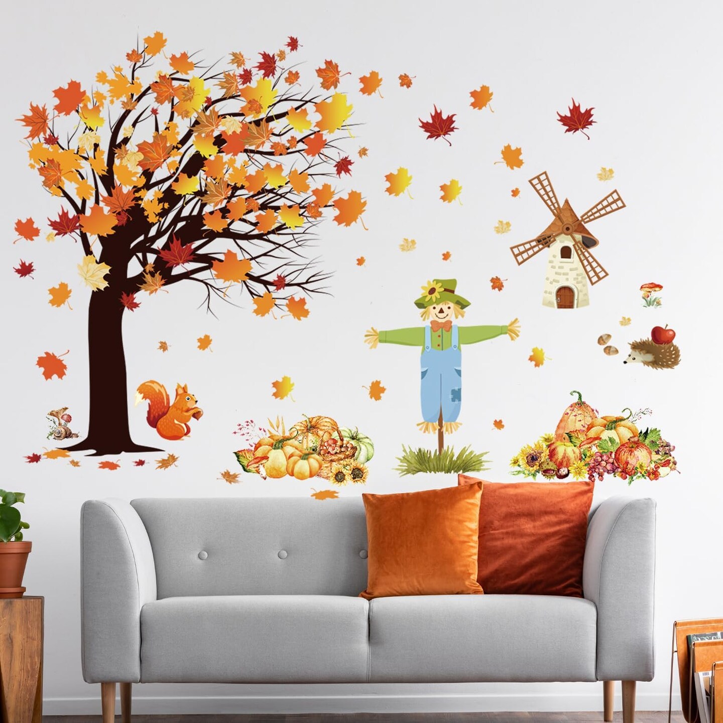 Fall Maple Leaves Wall Decals Autumn Pumpkin Scarecrow Wall Stickers