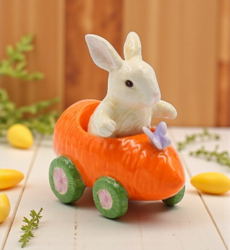 Ceramic Bunny Rabbit In Carrot Racecar Salt And Pepper Shakers, Home Décor, Gift for Her or Mom, Kitchen Décor, Spring or Easter Décor
