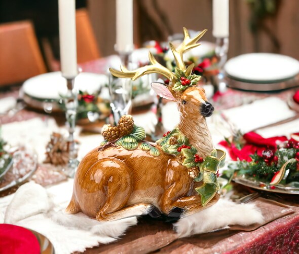 Ceramic Reindeer with Pine Cones Figurine, Home Décor, Gift for Her, Gift for Mom, Kitchen Décor, Christmas Décor