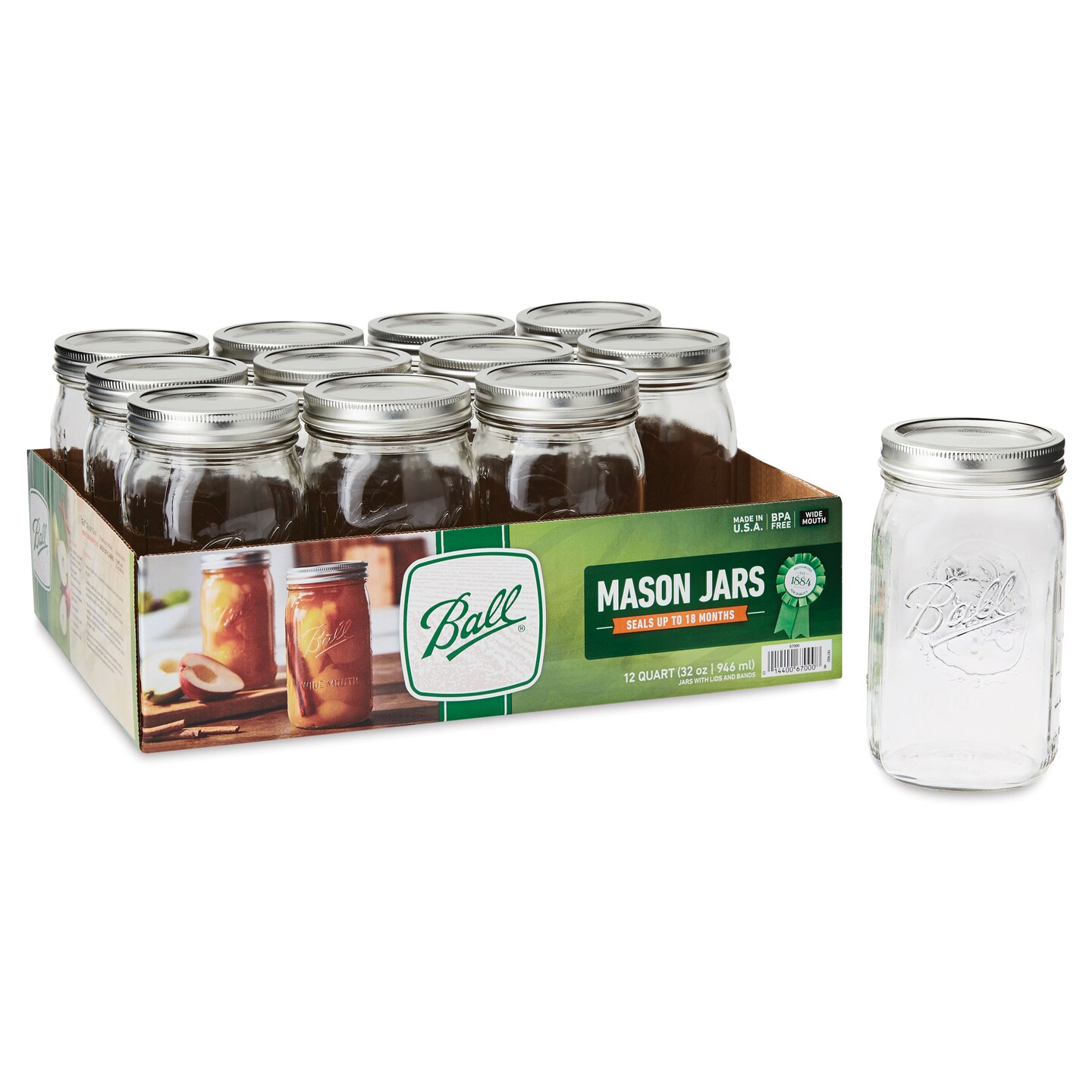 Ball Mason Jars and Lids - 32 oz, Wide Mouth, Pkg of 12