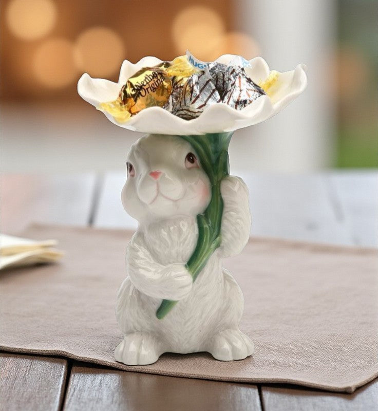 Ceramic Easter Bunny Rabbit Holding Flower Candy Dish, Home Décor, Gift for Her, Gift for Mom, Kitchen Décor, Spring Décor, Easter Décor
