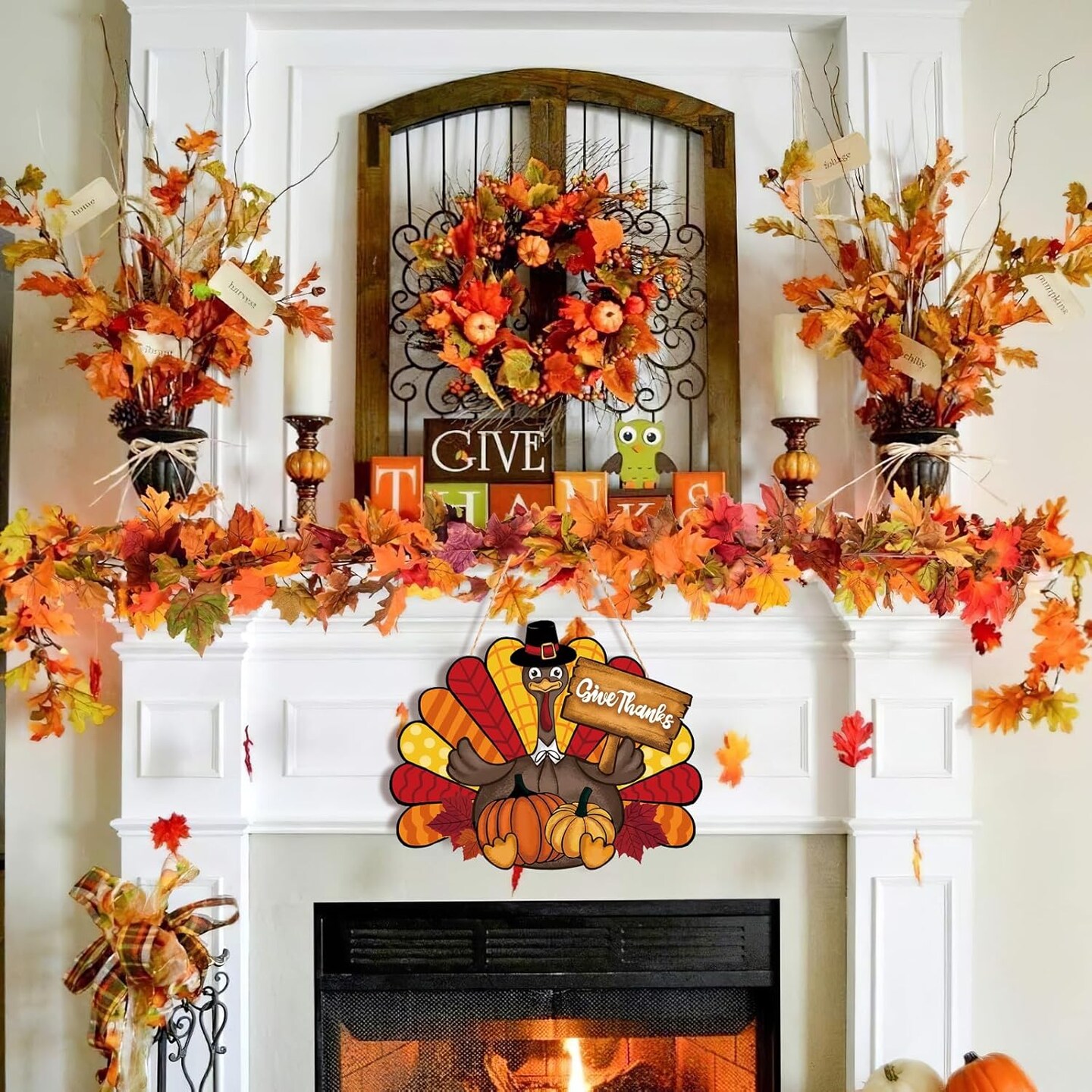 2 Pieces Thanksgiving Decoration Wooden Turkey Pumpkin Door