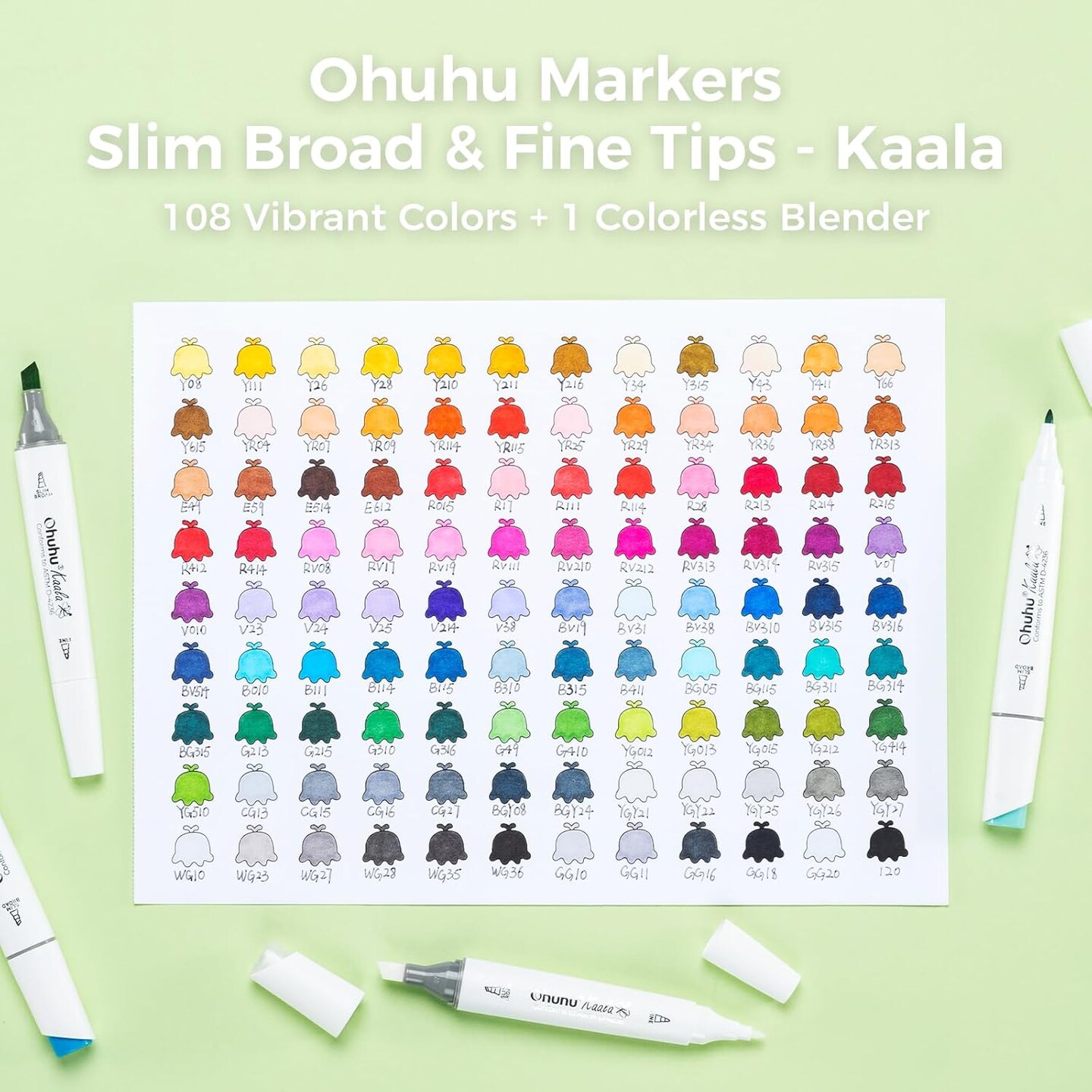 Ohuhu Kaala 108-Color Fine & Slim Broad Dual Tip Alcohol Marker Set + 8-size Tips Fineliner Pens