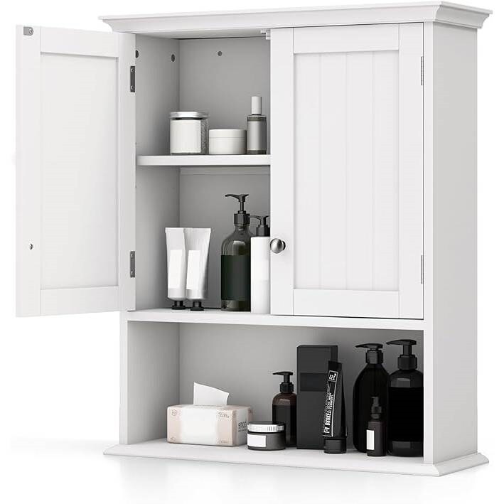 White Wall Mounted Bathroom Cabinet with Louver Doors Adjustable Shelf and Built In Towel Bar