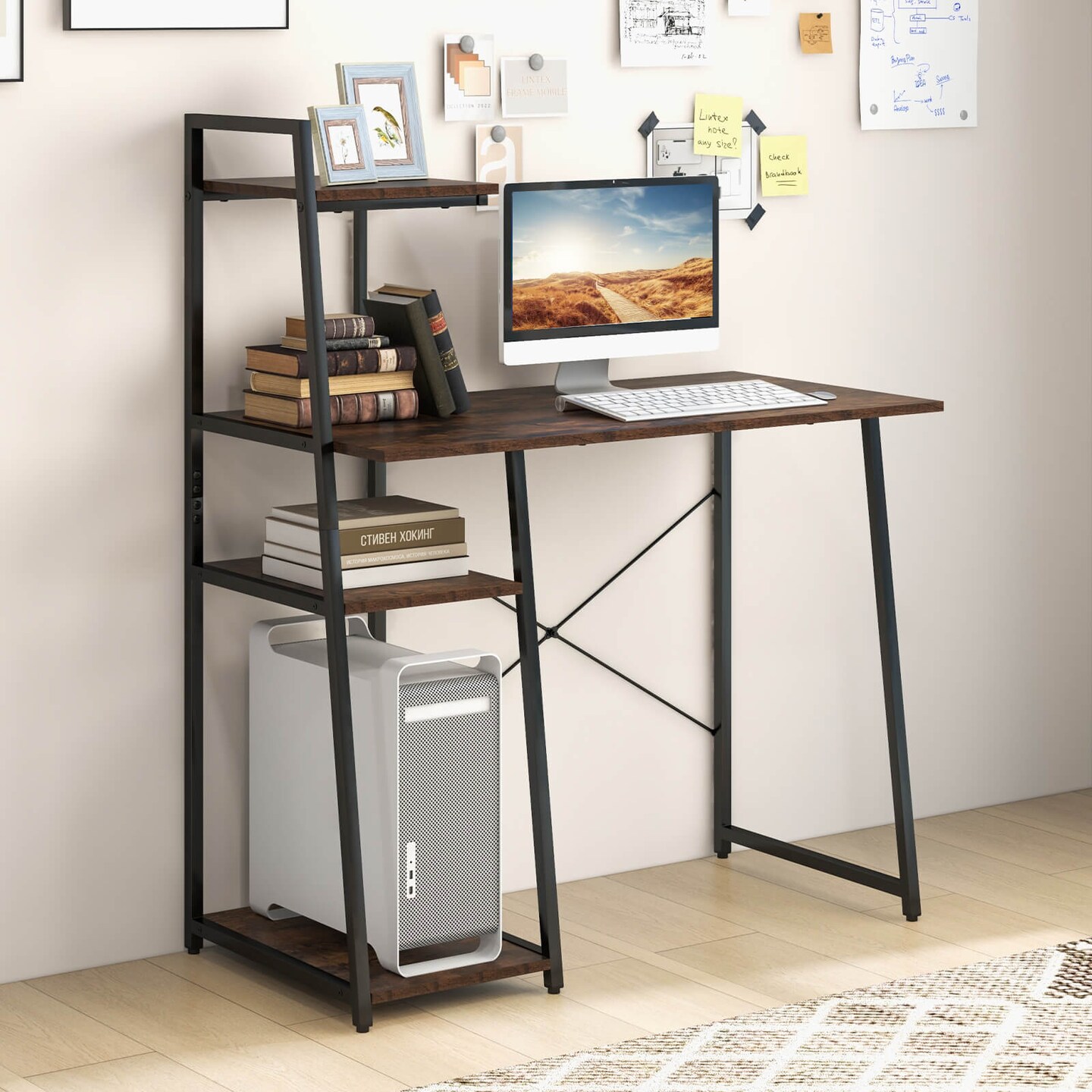 Costway Computer Desk with Shelves Study Writing Desk Workstation with Bookshelf Natural\Brown